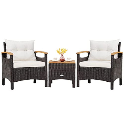 3-Piece Patio Furniture Set, Patiojoy Outdoor Rattan Sofa Set with Coffee Table, Patio Conversation Set with Removable Cushion, Cozy Acacia Wood Armrests for Backyard, Poolside (Off White)