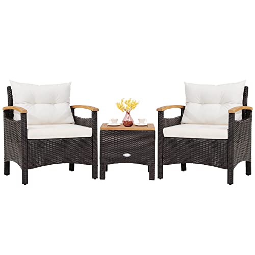 3-Piece Patio Furniture Set, Patiojoy Outdoor Rattan Sofa Set with Coffee Table, Patio Conversation Set with Removable Cushion, Cozy Acacia Wood Armrests for Backyard, Poolside (Off White)