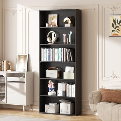 6-Tier Open Bookcase and Bookshelf, Floor Standing Wood Display Storage Shelves 71 Inch Tall Bookcase Home Decor Furniture for Home Office, Living Room, Bed Room, Black