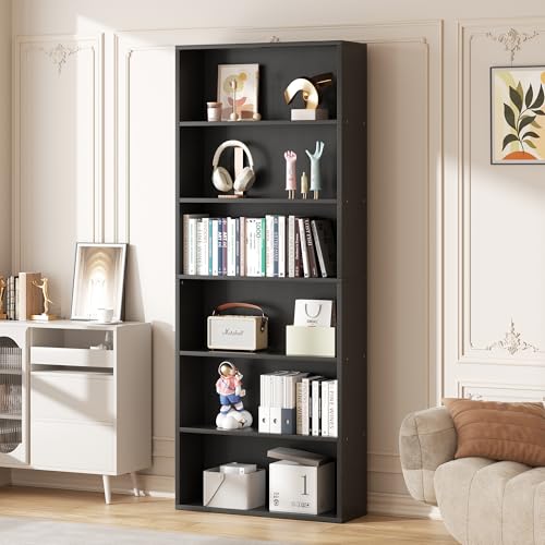 6-Tier Open Bookcase and Bookshelf, Floor Standing Wood Display Storage Shelves 71 Inch Tall Bookcase Home Decor Furniture for Home Office, Living Room, Bed Room, Black