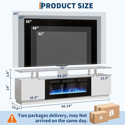 70"Electric FireplaceTV Stand,Double Layer Storage Shelves,white, view 3