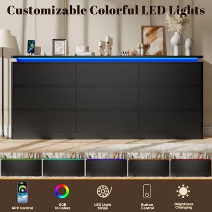 9 Drawer Dresser for Bedroom, 63" Long Black Chest of Drawers w/LED Lights, view 5