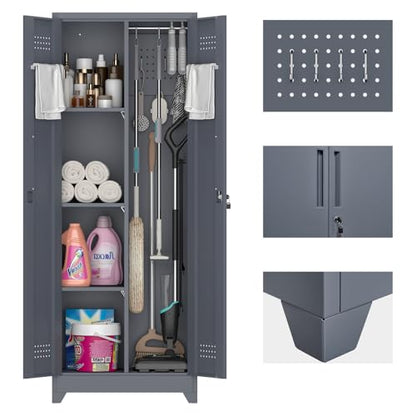 65" H Metal Garage Storage Cabinet,Broom Closet Storage Cabinet with Adjust Shelves,Utility Cabinet,Utility Closet for Garage,Gray