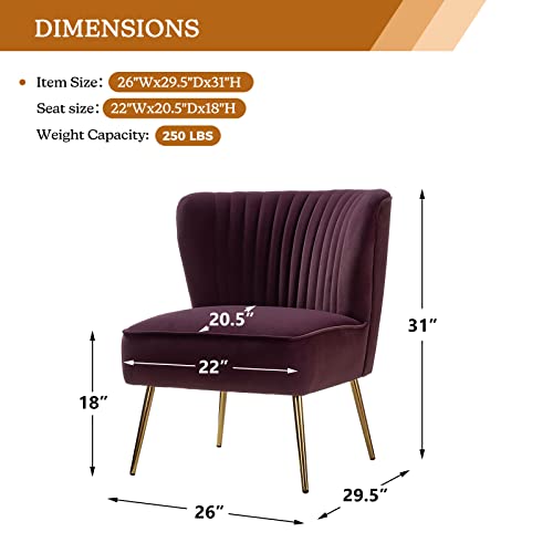 Velvet Accent Chair, Modern Upholstered Cute Side Chair with Gold Metal Legs, Armless Wingback Slipper Chair Comfy Living Room Chair for Bedroom Guest Room Vanity, Purple