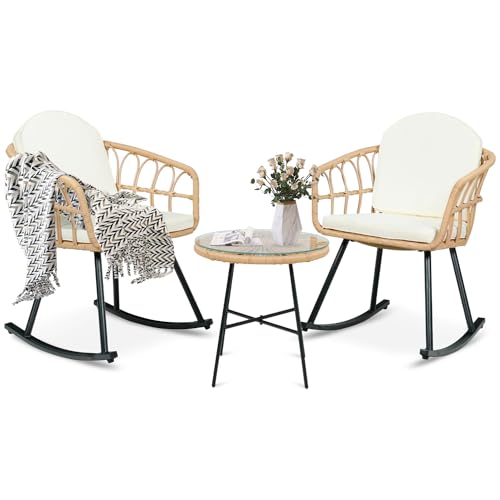 3 Pieces Rocking Chairs Set - Outdoor Wicker Rattan Rocking Chairs with Thickened Cushions, Boho Patio Furniture, Patio Conversation Bistro Sets, for Balcony Garden Porch Living Room