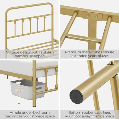 King Metal Bed Frame, Victorian Style Headboard, Antique Gold, view 5