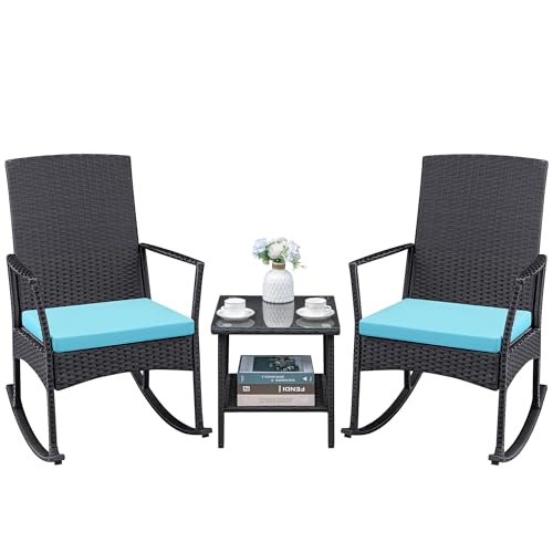 3 Pieces Patio Furniture Set Outdoor Wicker Rocking Chairs with Glass Coffee Table for Garden Backyard Porch Poolside, Blue
