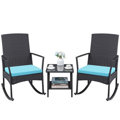 3 Pieces Patio Furniture Set Outdoor Wicker Rocking Chairs with Glass Coffee Table for Garden Backyard Porch Poolside, Blue