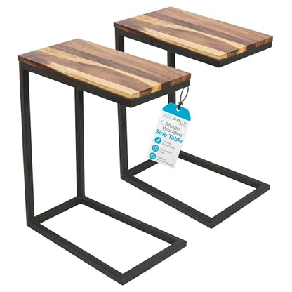C Shaped End Table for Couch Set of 2 - Modern Industrial TV Tray with Solid Acacia Wood Top and Metal Frame - Small Side Table for Small Spaces, Living Room, or Bedroom (Natural)