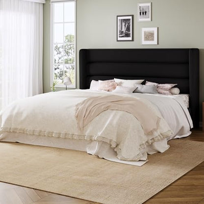 Queen Size Platform Bed Frame with Velvet Upholstered Wingback Headboard, view 2