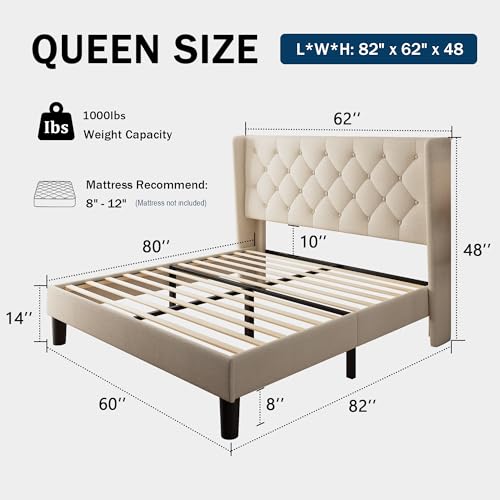 Queen Size Bed Frame with Button Tufted Upholstered Headboard, view 3