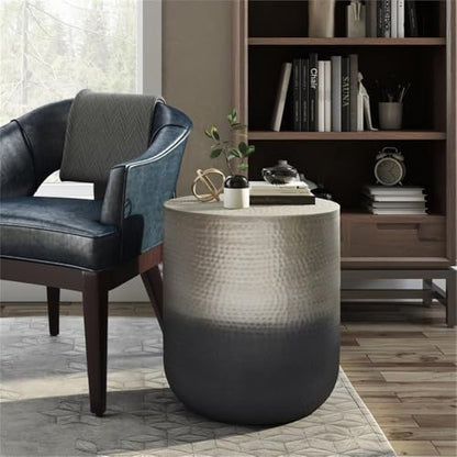 Small Boho End Table for Living Room, Round Accent Bed Side Table for Small Spaces, Narrow Metal Nightstand, Unique Rustic Circle Telephone Table for Sofa Side, Antique Silver and Black Gradient Ombre