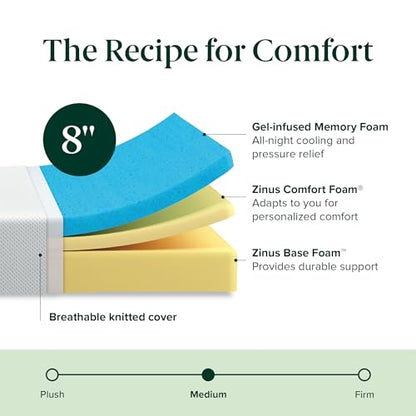 Zinus 8 Inch Green Tea Cooling Memory Foam Mattress [New Version], Twin, Fiberglass Free, Medium Firmness, Cooling Gel Foam, Certified Safe Foams & Fabric, Mattress in A Box