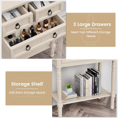 Entryway Table with Storage, Rustic Small Console Table w/ 3 Drawers & Open Bottom Shelf, Skinny Wood Console Table, Narrow Sofa Side Table for Living Room, Foyer, Hallway, Entry Table, Beige