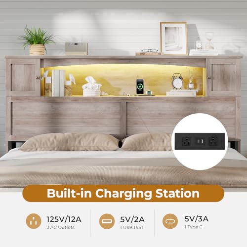 Farmhouse King Size Bed Frame with Bookcase and Storage Cabinets Headboard, view 5