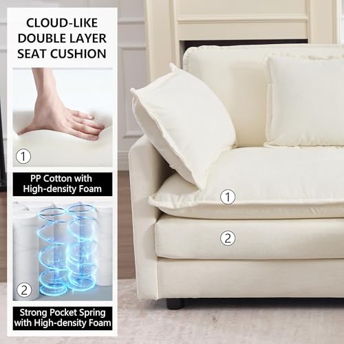 76.7" Beige White Cloud Modular Sectional Sofa for Small Spaces, Deep Seat 2 Seater L Shaped Couch, Comfy Chenille Loveseat with Ottoman Chaise for Living Room Apartment