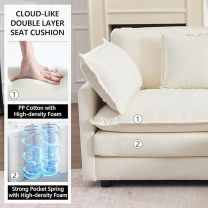 76.7" Beige White Cloud Modular Sectional Sofa for Small Spaces, Deep Seat 2 Seater L Shaped Couch, Comfy Chenille Loveseat with Ottoman Chaise for Living Room Apartment