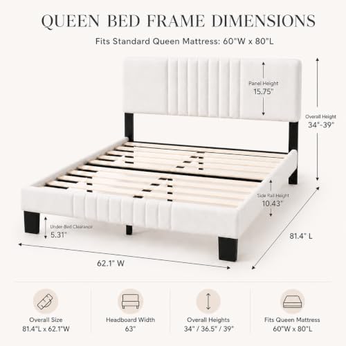 Queen Upholstered Platform Bed Frame with Adjustable Padded Headboard, view 3