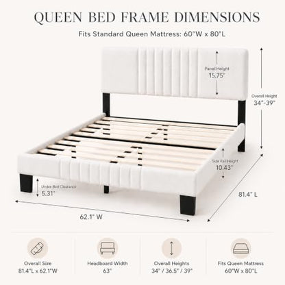 Queen Upholstered Platform Bed Frame with Adjustable Padded Headboard, view 3