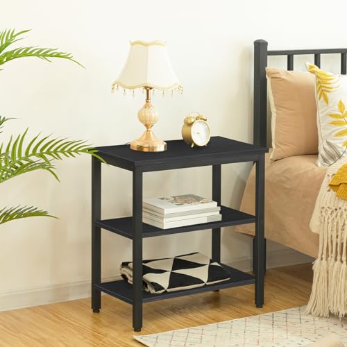 End Table, Simple Rustic Side Table with 3-Tier Storage Shelf, Narrow Nightstand for Small Spaces, Easy Assembly, for Living Room, Bedroom, Metal, Industrial Design, Black BB14BZ01