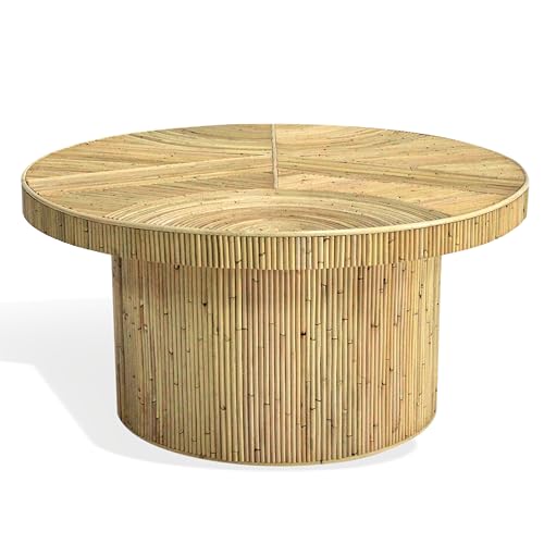 SAFAVIEH Furniture - Oswald Coffee Table - Natural - Rattan & Solid Wood - Round Handwoven Design - Fully Assembled - Ideal for Living Room, Family Room, Den (CWK4008A)