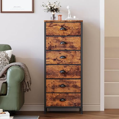 Tall Dresser with 6 Drawers,Vertical End Table and Nightstand for Bedroom,Industrial Dorm Bedside Furniture with Fabric Storage Drawer Organizer in Living Room,Closet,Entryway(Rustic Brown)