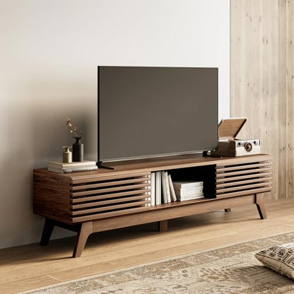 59" TV Stand for 55"/60"/65" TVs, Mid-Century Modern Fluted Entertainment Center with Sliding Doors, Storage Cabinets & Media Console Table, Living Room & Bedroom, Walnut