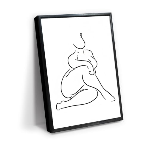 Seated Human Figure Line Drawing Wall Art Canvas Print, minimal figurative line art artwork in black line on white for bedroom, bedroom, office, apartment, modern farmhouse(24x36Inch,Black Framed