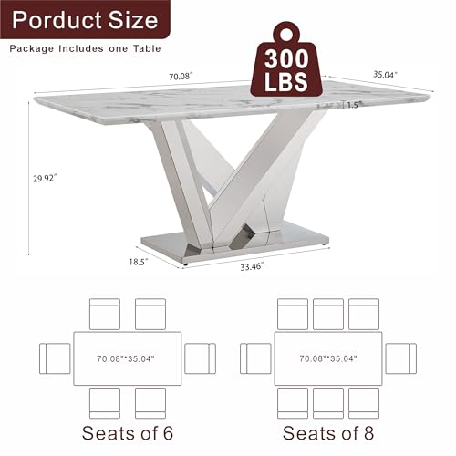 Marble Dining Table for 6 People, 70'' Rectangle Faux Marble Dining Table with Mirrored Stainless Steel Base, Large Size Marble Kitchen Table (Silver,White)(ONLY Table)