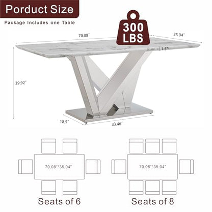 Marble Dining Table for 6 People, 70'' Rectangle Faux Marble Dining Table with Mirrored Stainless Steel Base, Large Size Marble Kitchen Table (Silver,White)(ONLY Table)