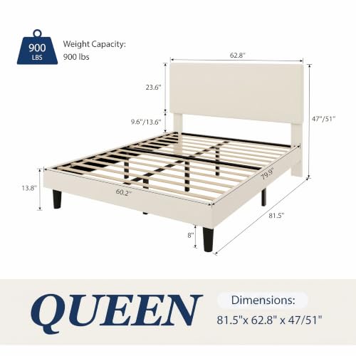 Queen Velvet Fabric Bed Frame, Adjustable Headboard, Cream White, view 3