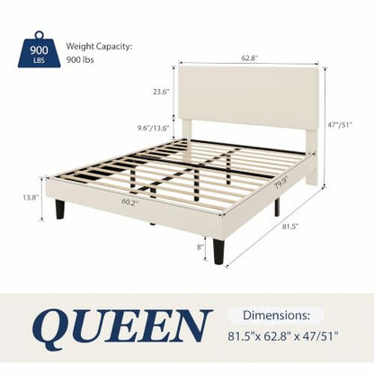 Queen Velvet Fabric Bed Frame, Adjustable Headboard, Cream White, view 3