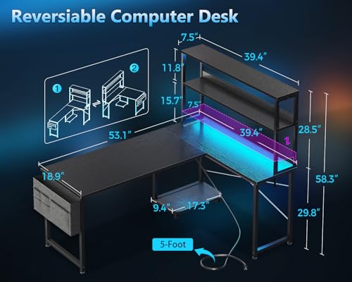 L Shaped Gaming Desk with Hutch & Power Outlet & LED Lights, view 4