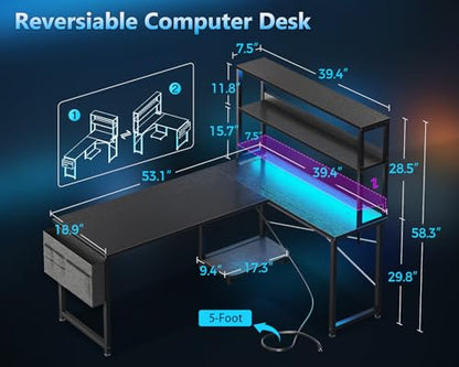 L Shaped Gaming Desk with Hutch & Power Outlet & LED Lights, view 4