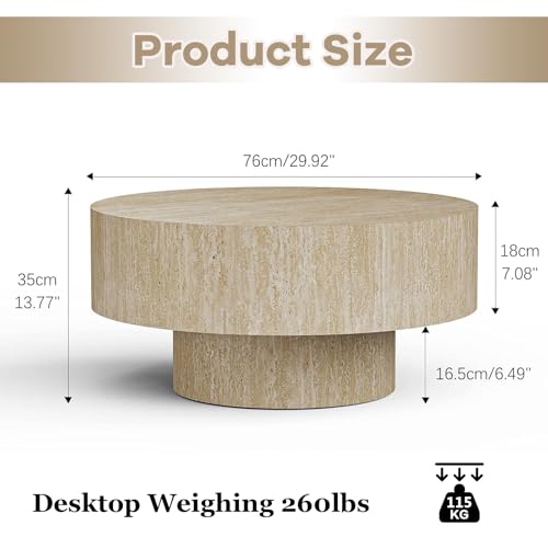 Travertine Coffee Table, Round Coffee Table Farmhouse Small Circle Wood Center Tables Mid Century Modern Low Circular Tea Tables for Living Room Apartment Easy Assemble,Round