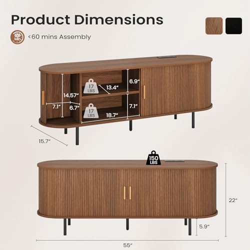 55" Mid Century Modern TV Stand Entertainment Center Brown Walnut Cabinet, view 3