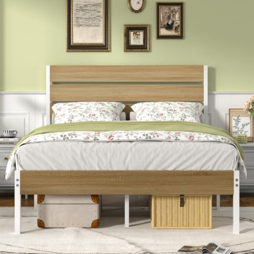 Full Size Metal Bed Frame with Natural Wood Headboard, view 2