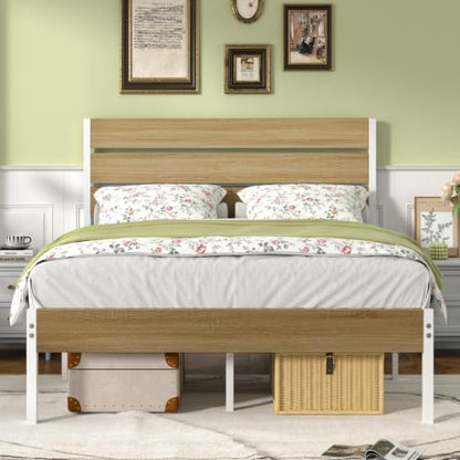 Full Size Metal Bed Frame with Natural Wood Headboard, view 2