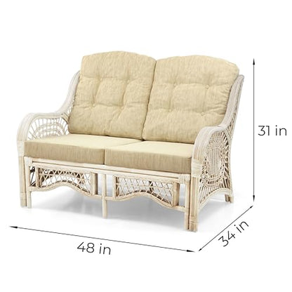 Malibu Lounge Set of 2 Natural ECO Rattan Wicker Chairs, Loveseat with Cream Cushion and Coffee Table w/Glass Handmade, White Color