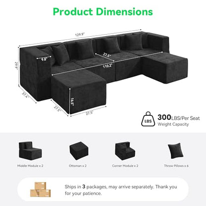 130'' Oversized Boneless Sectional Couches for Living Room, 6-Seat U Shaped Cloud Couch, Modular Sofa with Ottoman & 6 Throw Pillows, Comfy Chenille, No Assembly Required, Black