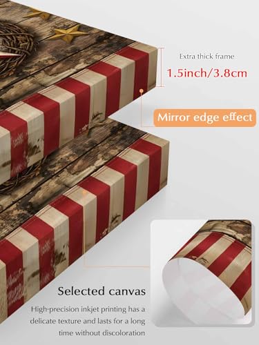 Farm Western Stars Stripe Wood Grain Canvas Wall Art Prints,40"x28" Framed Picture Artwork 4th of July Patriotic Flag Printed Canvas Oil Painting for Living Room Bedroom Office,Ready to Hang