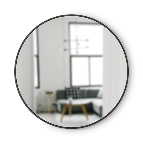 Hub Round Wall Mirror with Rubber Frame, Modern Style for Bathroom, Entryway, Living Room and More, 37-Inch, Black