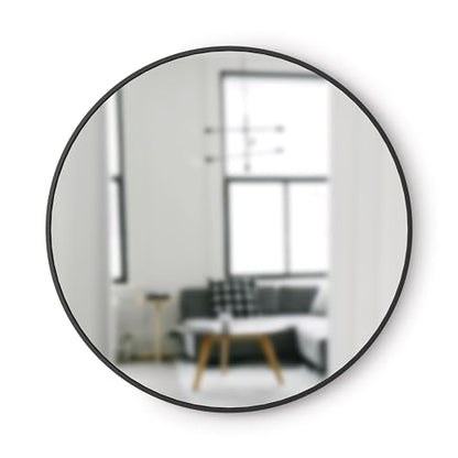 Hub Round Wall Mirror with Rubber Frame, Modern Style for Bathroom, Entryway, Living Room and More, 37-Inch, Black