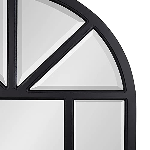 Hogan Rustic Wood Framed Arch Windowpane Wall Mirror, 24 x 36, Distressed Black, Chic Farmhouse Wall Decor