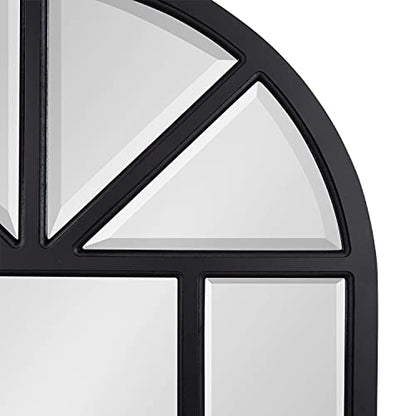 Hogan Rustic Wood Framed Arch Windowpane Wall Mirror, 24 x 36, Distressed Black, Chic Farmhouse Wall Decor