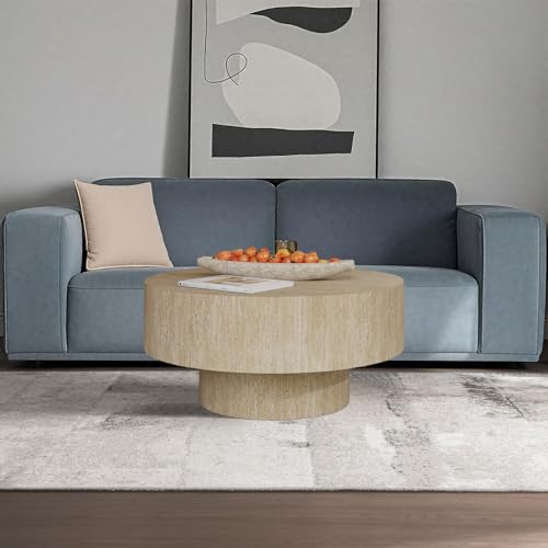 Travertine Coffee Table, Round Coffee Table Farmhouse Small Circle Wood Center Tables Mid Century Modern Low Circular Tea Tables for Living Room Apartment Easy Assemble,Round