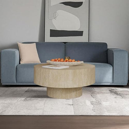Travertine Coffee Table, Round Coffee Table Farmhouse Small Circle Wood Center Tables Mid Century Modern Low Circular Tea Tables for Living Room Apartment Easy Assemble,Round