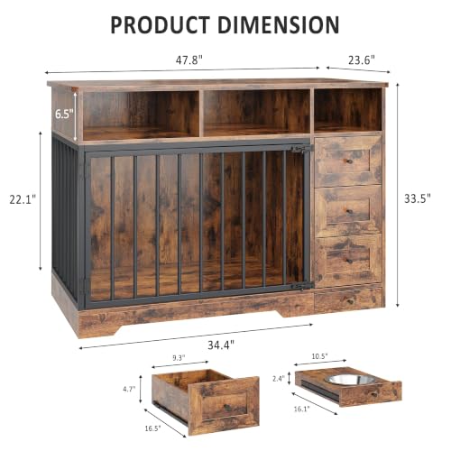 48'' Dog Crate Furniture with Bowl, Medium Dog Cage, Retro Brown, view 3