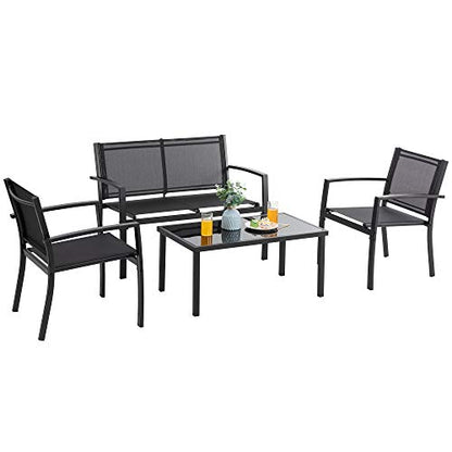 4 Pieces Patio Furniture Sets,Outdoor Patio Conversation Sets with Glass Coffee Table, Small Porch Balcony Furniture, Patio Table and Chairs Set for Garden, Backyard (Black)