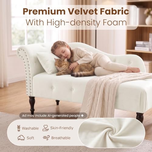 60.6" Buttons Tufted Chaise Lounge with Nailhead Trimmed Rolled Arm, White, view 5